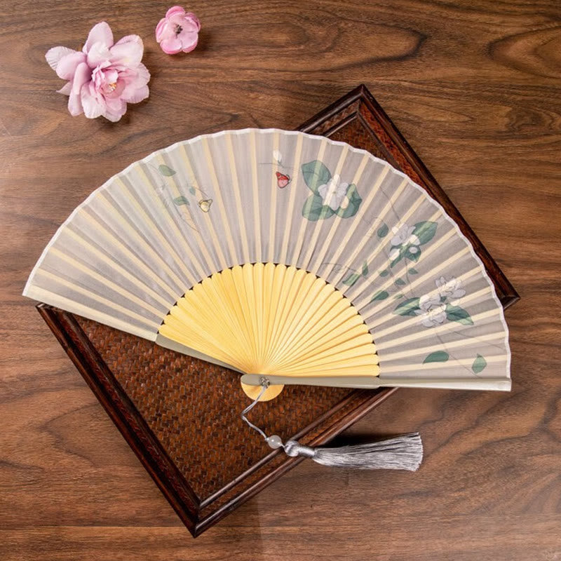 Jasmine Lotus Begonia Flowers Handheld Bamboo Folding Fan