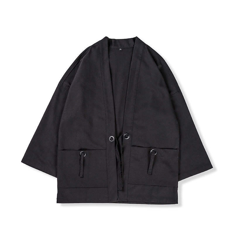 Solid Color Lace-up Open Front Jacket Cotton Men's Kimono