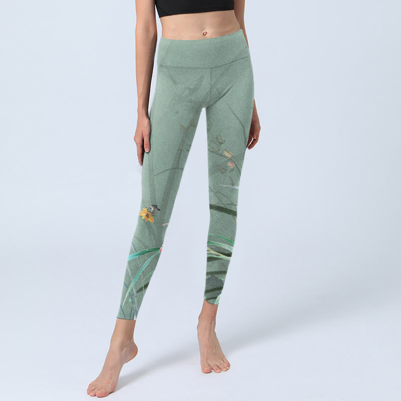 White Pink Orchids Leaves Print Gym Leggings Women's Yoga Pants