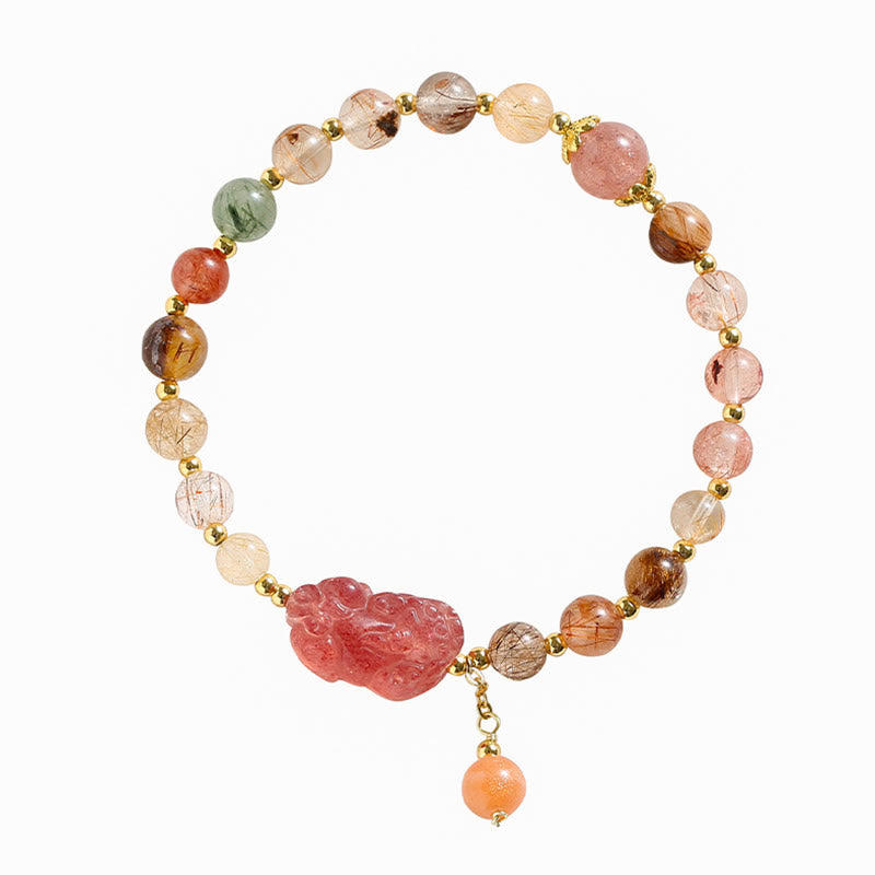 Natural Rutilated Quartz Strawberry Quartz PiXiu Wealth Bracelet