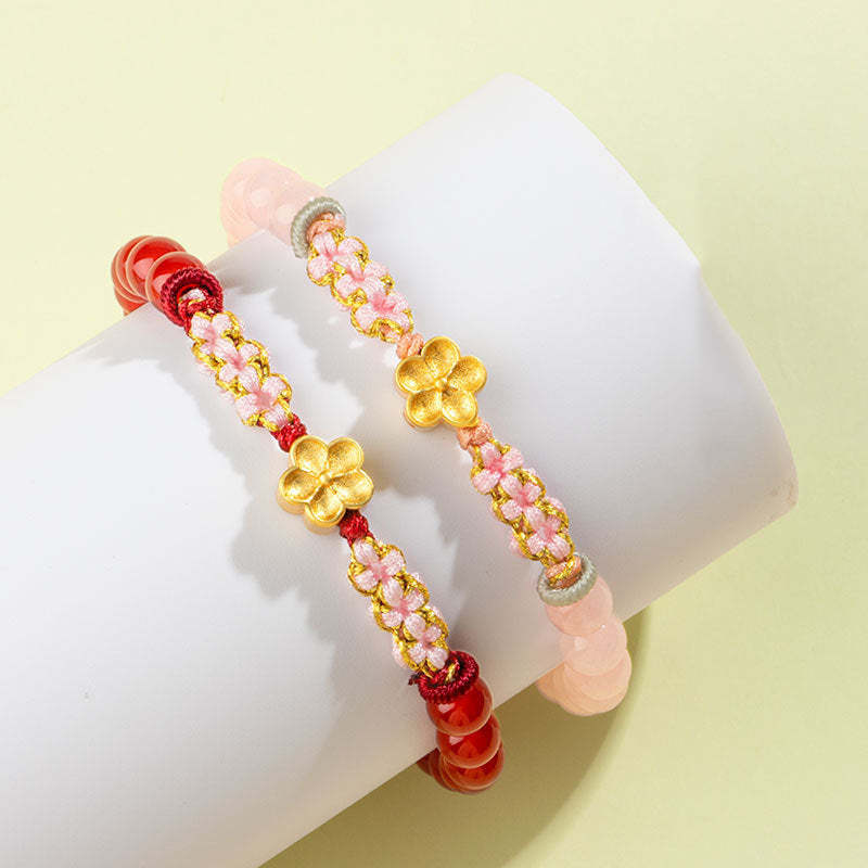 999 Sterling Silver Natural Red Agate Pink Crystal Cherry blossom Bracelet
