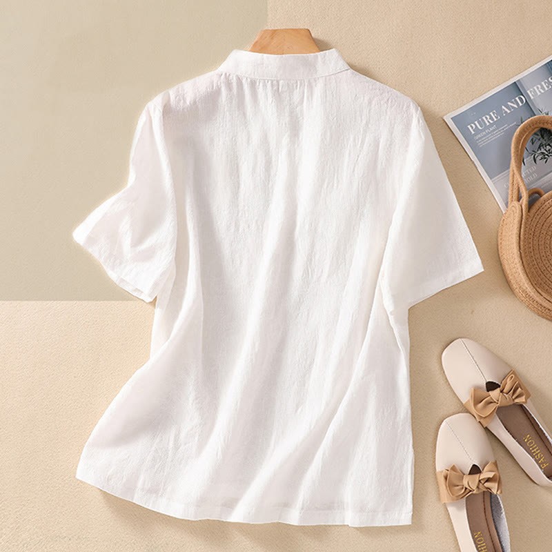 Plum Blossom Embroidery Frog-Button Short Sleeve Cotton Linen Shirt