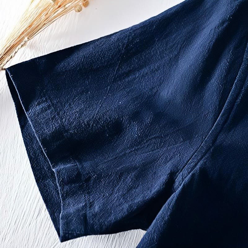 Frog-button Mandarin Collar Embroidery Cotton Linen Short Sleeve Men's Shirt