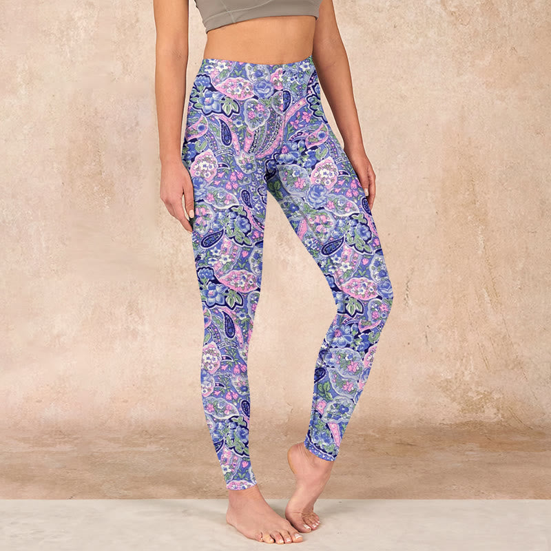 Purple Pink Cashew Flower Print Gym Fitness Leggings Women's Yoga Pants