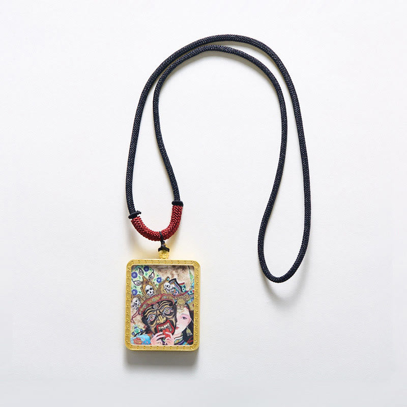 Tibetan Zakiram Nine-Tailed Fox Yellow God of Wealth Painted Thangka Hope Necklace Pendant
