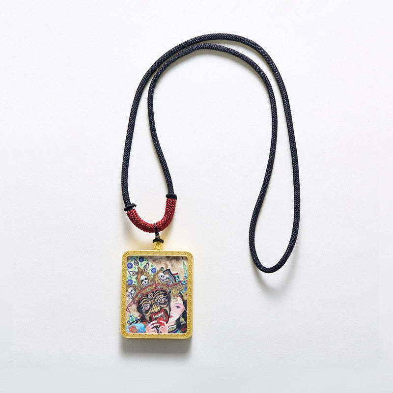 Tibetan Zakiram Nine-Tailed Fox Yellow God of Wealth Painted Thangka Hope Necklace Pendant