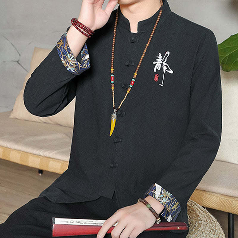 Fall Solid Long Sleeve Frog-Button Shirt Linen Men Zen Clothing