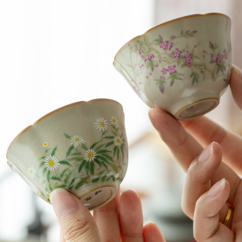 Peach Blossom Daisy Flower Ceramic Teacup Kung Fu Tea Cups