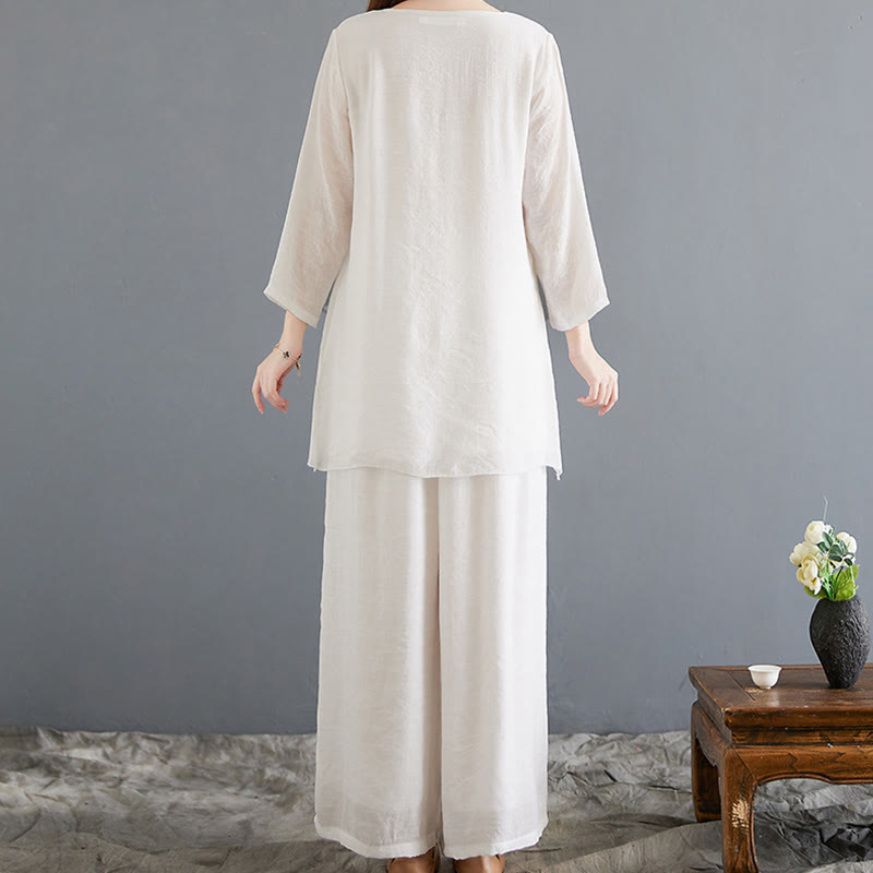 2Pcs Frog-Button Long Sleeve Shirt Wide Leg Pants Meditation Cotton Linen Clothing
