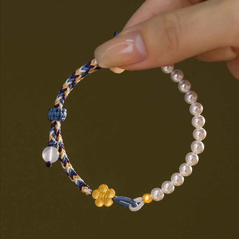 925 Sterling Silver Peach Blossom Pearl Chalcedony Healing Rope Bracelet