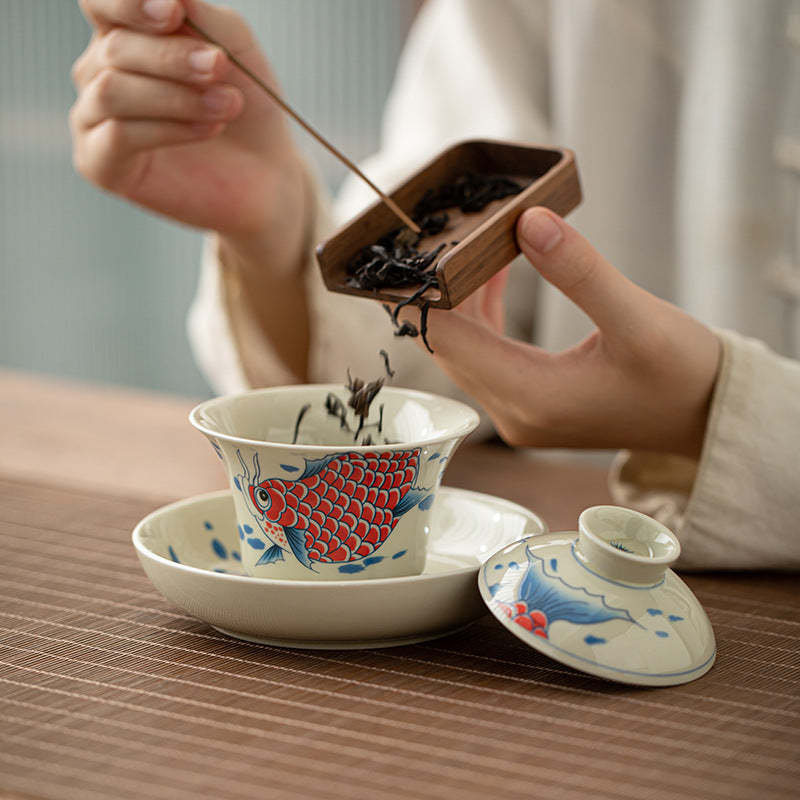 Koi Fish Arowana Ceramic Gaiwan Sancai Teacup Kung Fu Tea Cup With Lid 130ml
