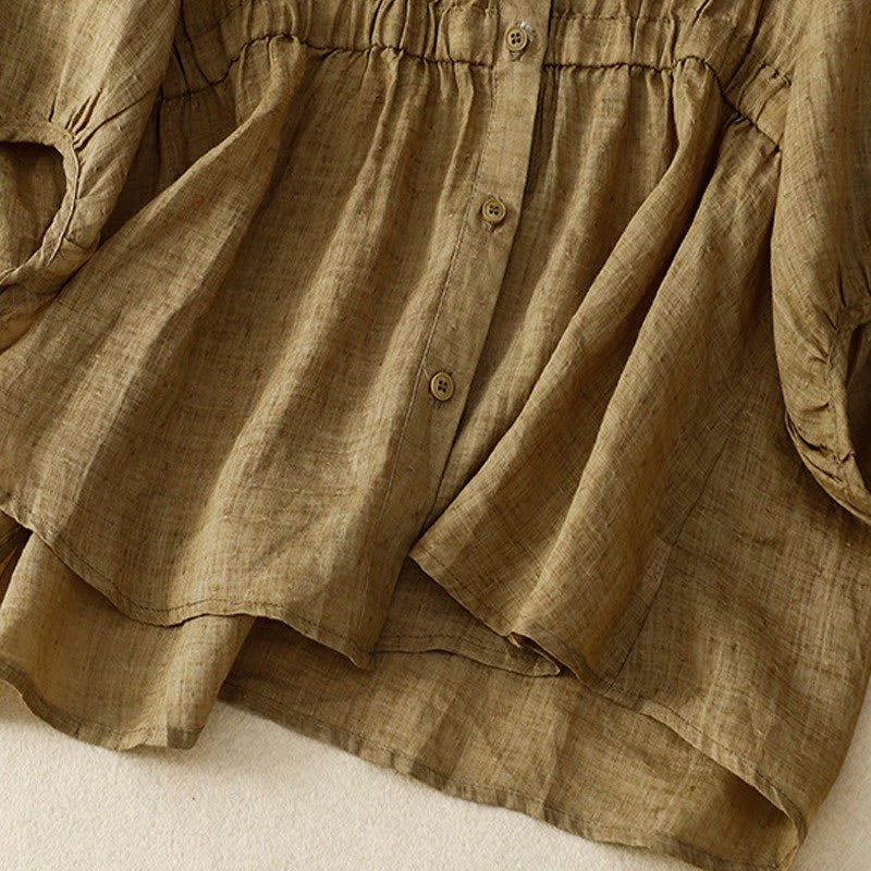 Spring Plain Button Half Puff Sleeve Waisted V-Neck Cotton Linen Women's Shirt