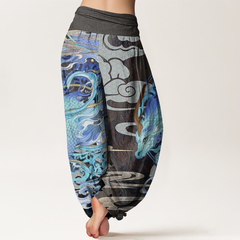 Dragons Auspicious Clouds Pattern Women's Elastic Waist Harem Pants