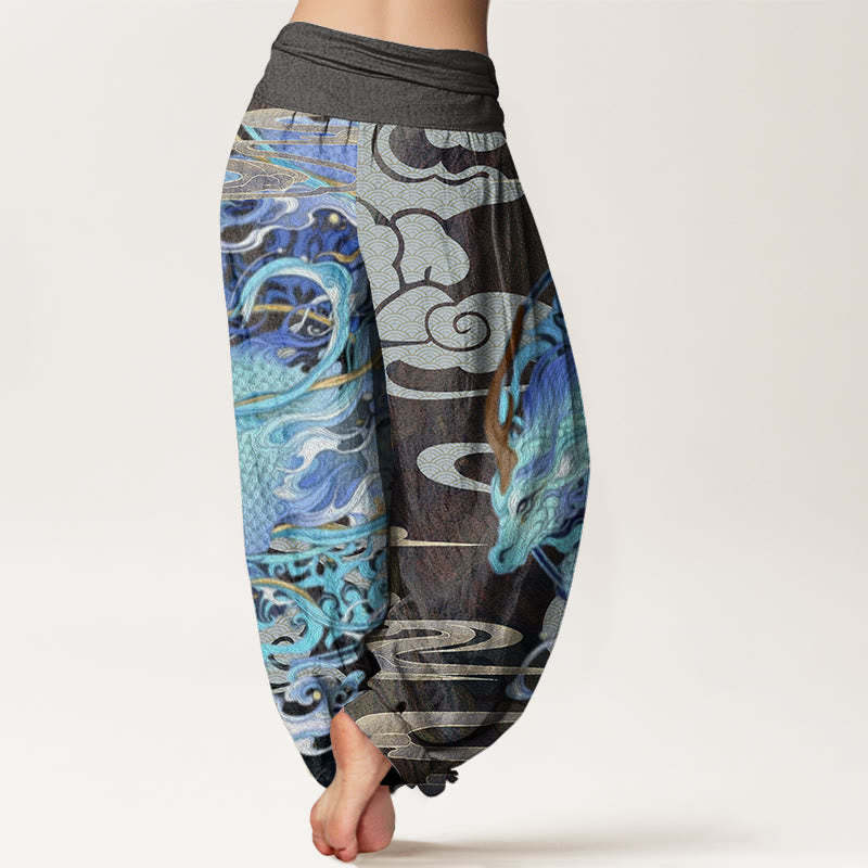 Dragons Auspicious Clouds Pattern Women's Elastic Waist Harem Pants