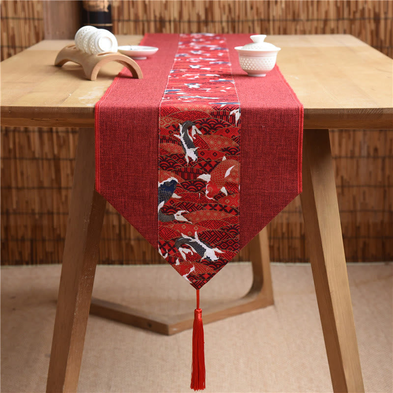 Classic Chinese Style Lotus Koi Fish Flower Crane Calligraphy Enlightenment Cotton Linen Tassels Table Runner