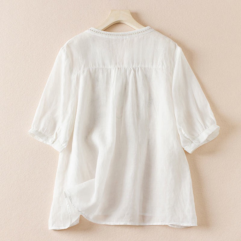 Casual Embroidery Plants Women's V-Neck Design Half Sleeve Cotton Blended Shirt