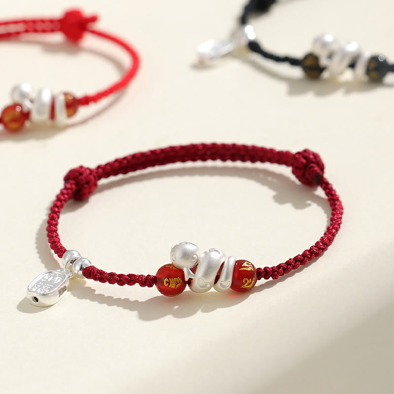 999 Sterling Silver Year Of The Snake Red Agate Black Onyx Lucky Fortune Six True Words Happiness Braided Bracelet