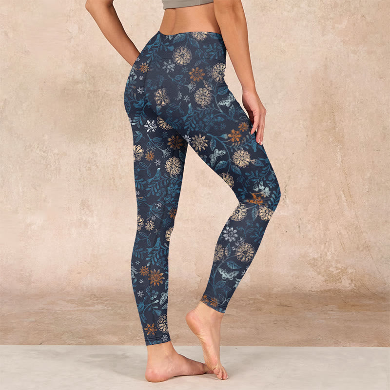 New York Aster Flowers Leaves Print Gym Fitness Leggings Women's Yoga Pants
