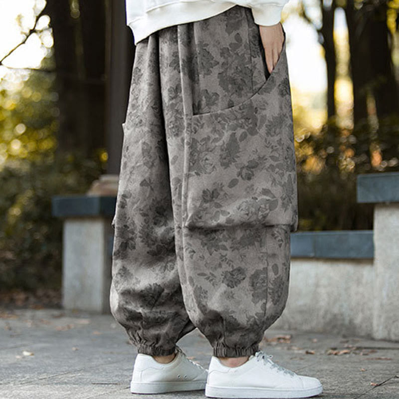 Casual Flower Corduroy Cotton Men's Pants With Big Pockets