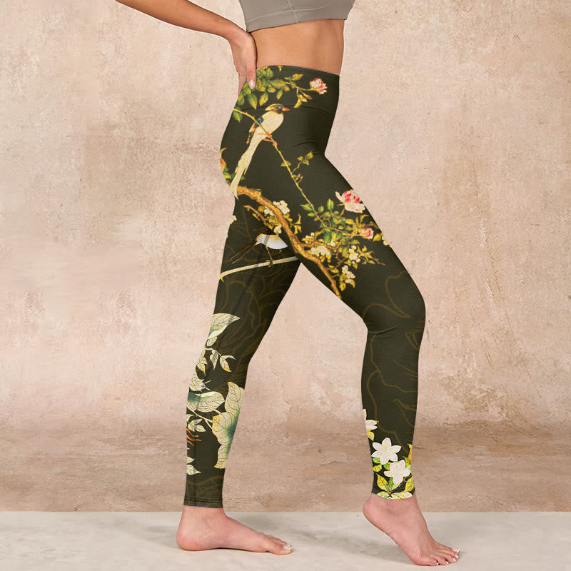 Black Magnolia Flowers Print Gym Leggings Women's Yoga Pants