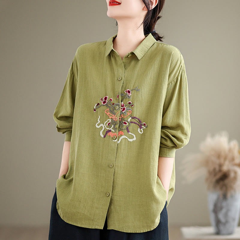 Flower Embroidery Long Sleeve Cotton Linen Women's Shirts