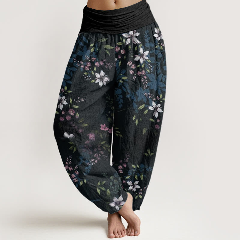 Small White Blossoms Green Leaves Women's Elastic Waist Harem Pants