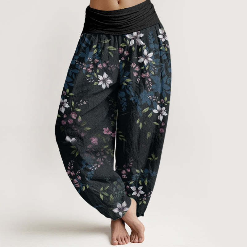 Small White Blossoms Green Leaves Women's Elastic Waist Harem Pants