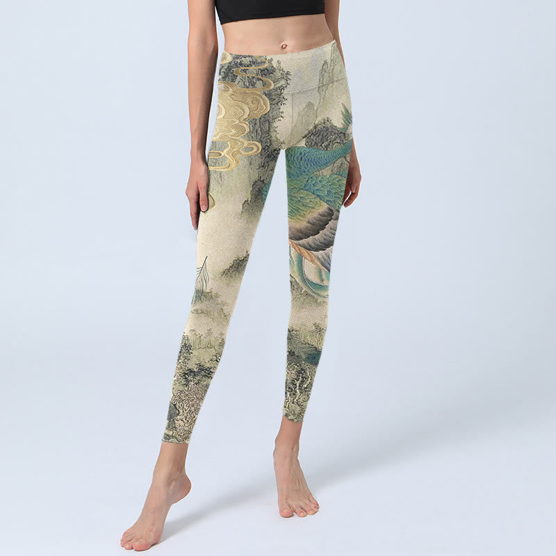 Peacock Auspicious Clouds Mountain Flowers Print Gym Leggings Women's Yoga Pants