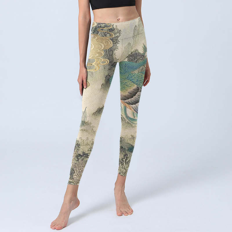 Peacock Auspicious Clouds Mountain Flowers Print Gym Leggings Women's Yoga Pants