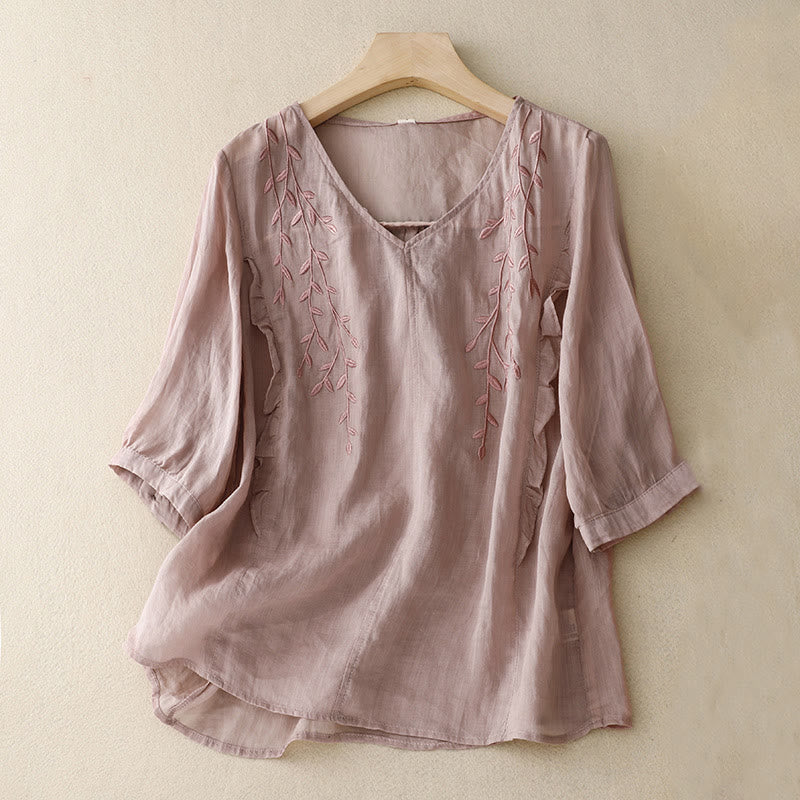 Women's Vines Embroidery Design Half Sleeve Cotton Linen Shirt