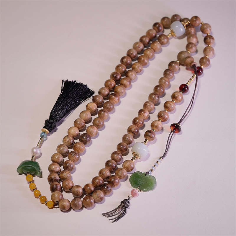 Natural Agarwood Amber Jade Ingot Tassel Ruyi Charm Bracelet