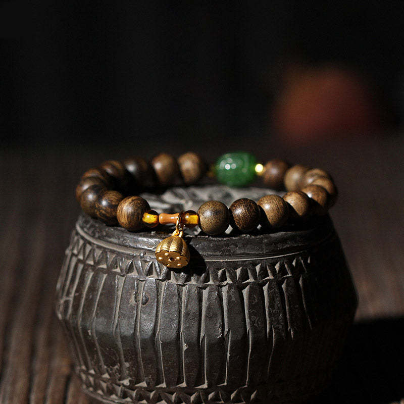999 Gold Brunei Agarwood Cyan Jade Lotus Flower Peace Strength Bracelet