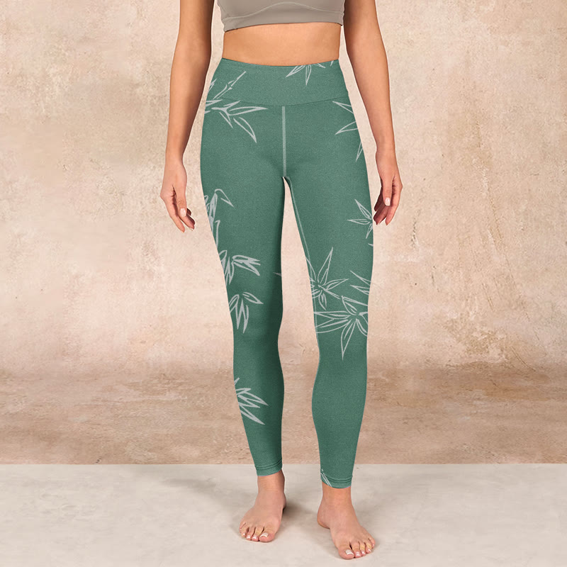 Green White Bamboo Leaves Print Gym Leggings Women's Yoga Pants