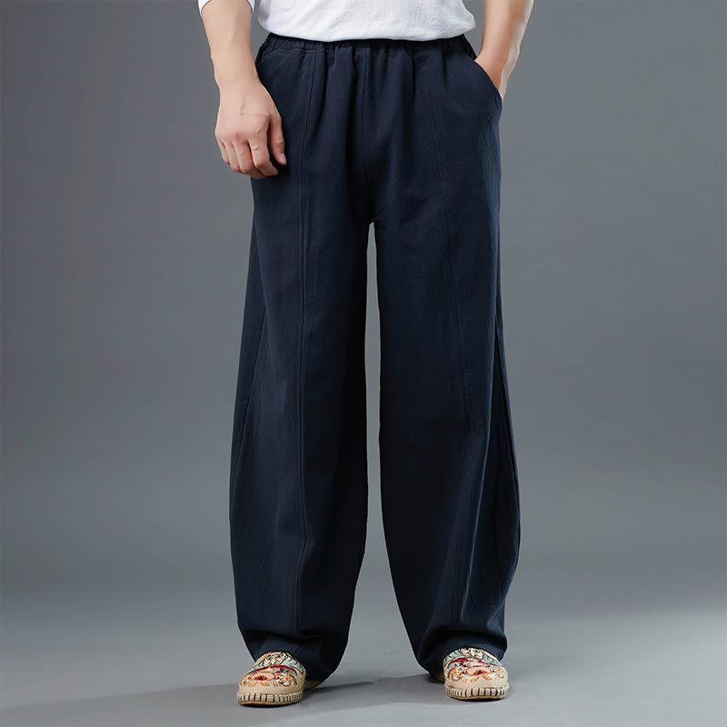Casual Solid Color Cotton Linen Men's Pants With Pockets