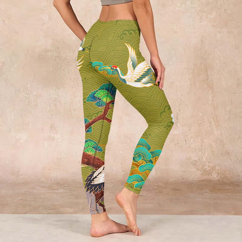 Flying Cranes Auspicious Clouds Trees Print Gym Leggings Women's Yoga Pants