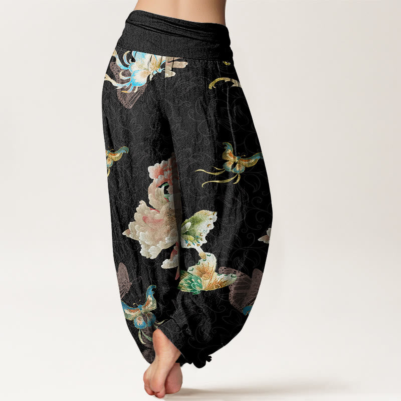 Chrysanthemums Butterflies Pattern Women's Elastic Waist Harem Pants