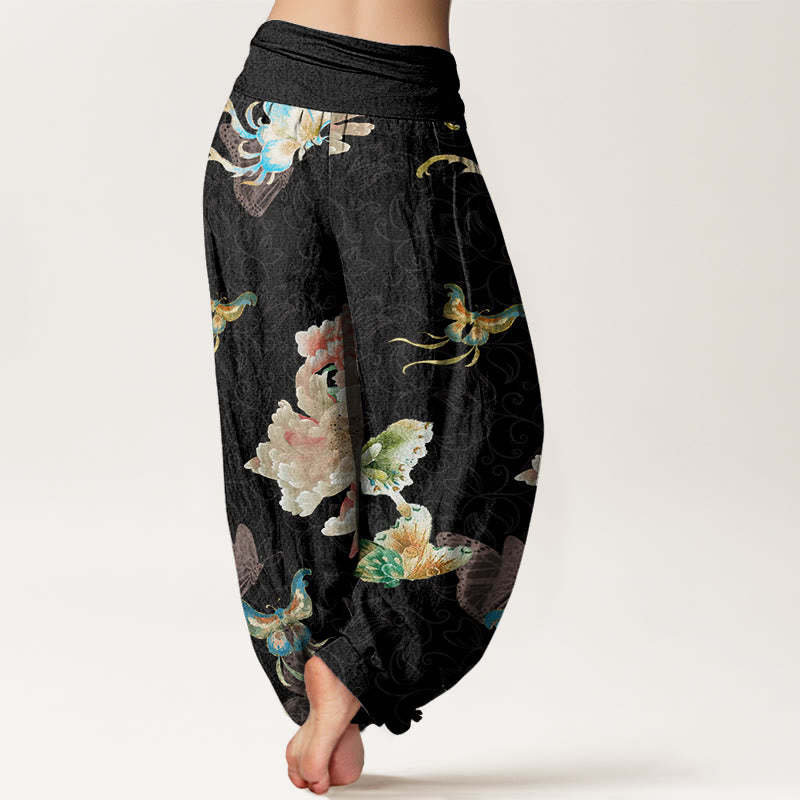Chrysanthemums Butterflies Pattern Women's Elastic Waist Harem Pants