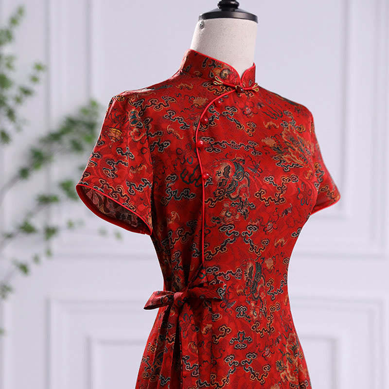 Vintage Auspicious Clouds Leaf Print Cheongsam Dress Women's Qipao Dress