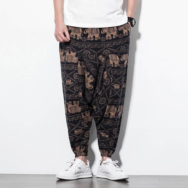 Elephant Brown Black Print Cotton Men's Long Cropped Harem Pants With Pockets
