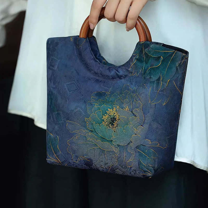 Peony Flower Bamboo Leaves Bird Solid Wood Handle Handbag