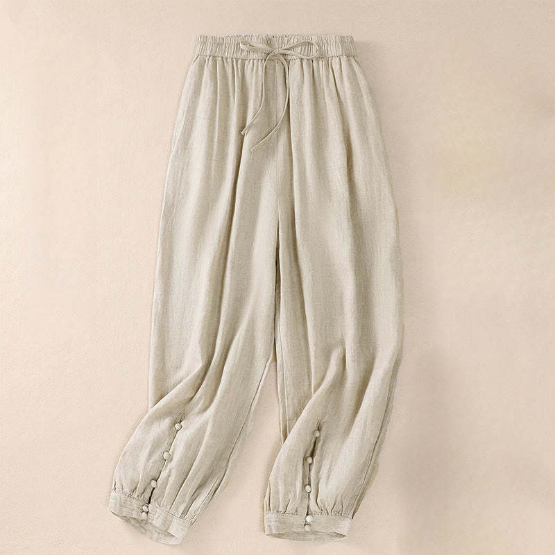 Pure Color Drawstring Frog-Button Cotton Linen Women's Harem Pants With Pockets