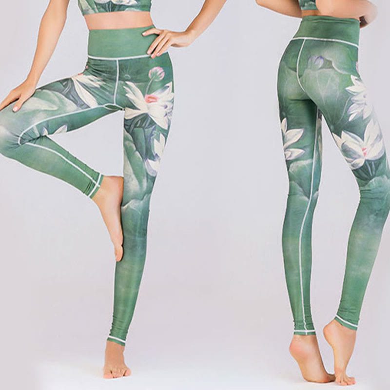 Lotus Cherry Blossom Gradient Peacock Print Lycra Fabric Fitness Leggings Women's Yoga Pants