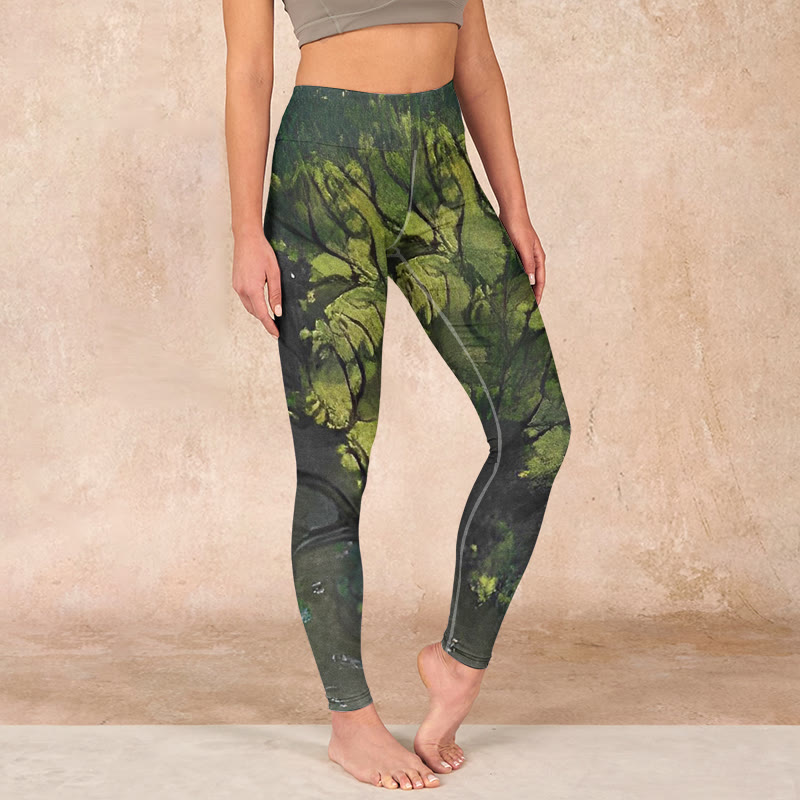 ForestGreen Leaves Black Lines Print Exercise Leggings Women's Yoga Pants