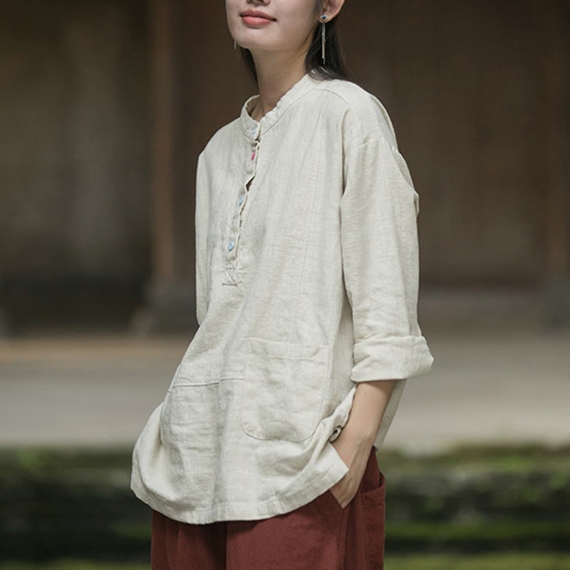 Solid Color Long Sleeve Ramie Linen Half Button Women's Shirt