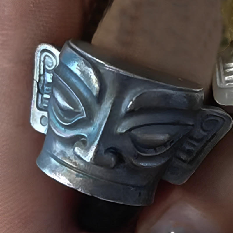 999 Sterling Silver Hand Casting Sanxingdui Mask Protection Ring