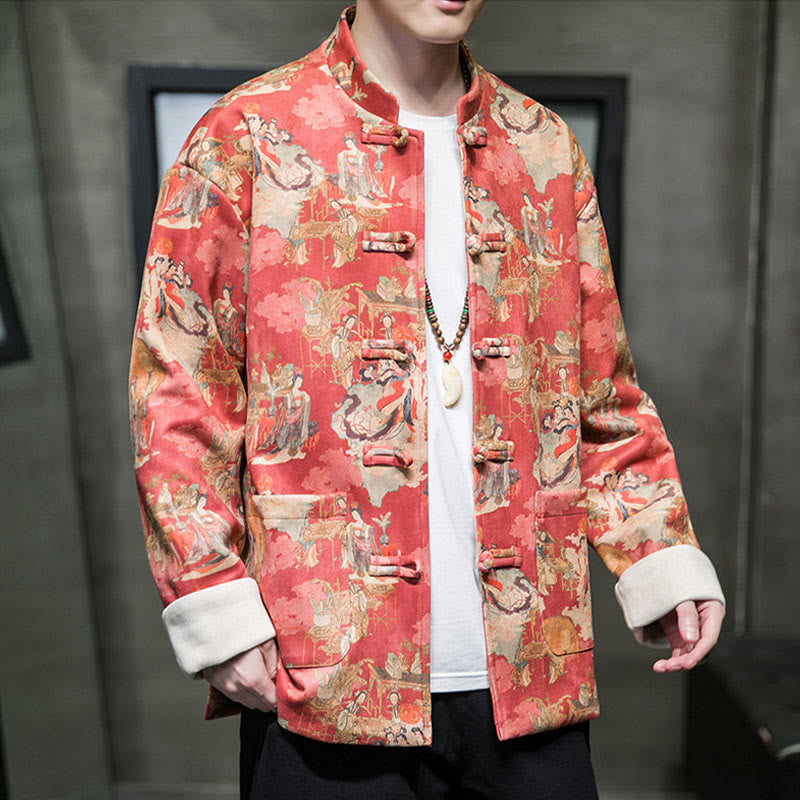 Chinese New Year Clothes Ancient Figure Painting Solid Color Cuff Frog-button Tang Suit Cotton Men's Jacket Shirt With Pockets