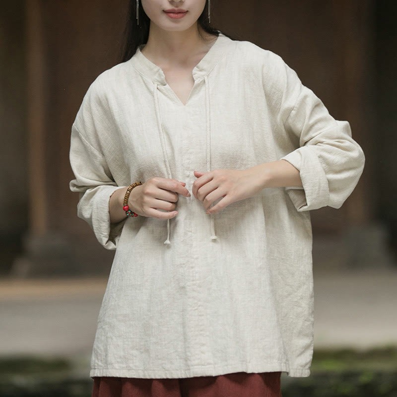 Retro Solid Color Long Sleeve Ramie Linen Women's Shirt
