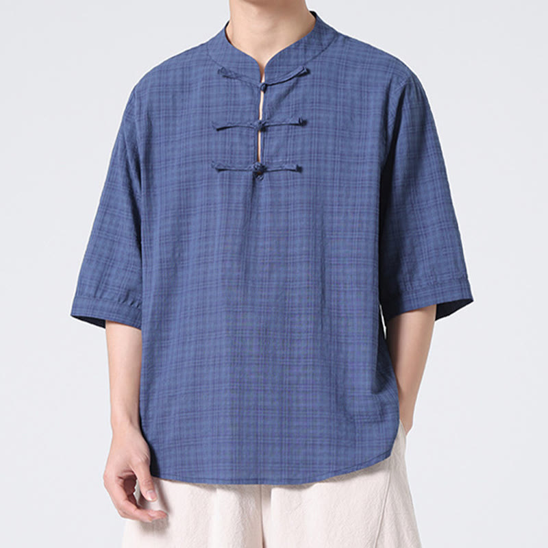 Frog-Button Plaid Pattern Chinese Tang Suit Half Sleeve Shirt Cotton Linen Men Clothing
