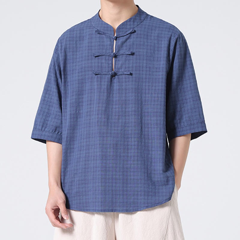 Frog-Button Plaid Pattern Chinese Tang Suit Half Sleeve Shirt Cotton Linen Men Clothing