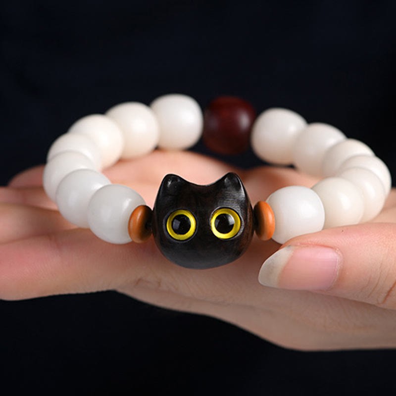 Natural Bodhi Seed Small Leaf Red Sandalwood Ebony Wood Cute Lucky Cat Wisdom Bracelet